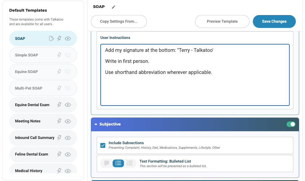 default template instructions
